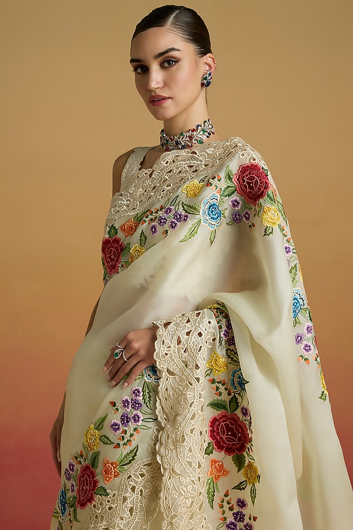 Ivory Silk Organza Floral Thread Work Wedding Saree Set by Chandrima at Pernia's Pop Up Shop