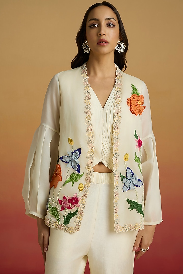 Ivory Silk Organza 3D Floral Applique Work Jacket by Chandrima at Pernia's Pop Up Shop