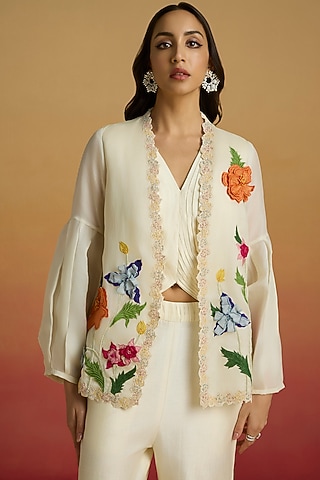 Ivory Silk Organza 3D Floral Applique Work Jacket by Chandrima