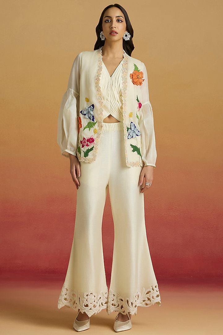Ivory Silk Organza 3D Floral Applique Work Jacket by Chandrima at Pernia's Pop Up Shop