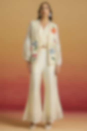 Ivory Chanderi Beadwork Bell Bottom Pants by Chandrima at Pernia's Pop Up Shop