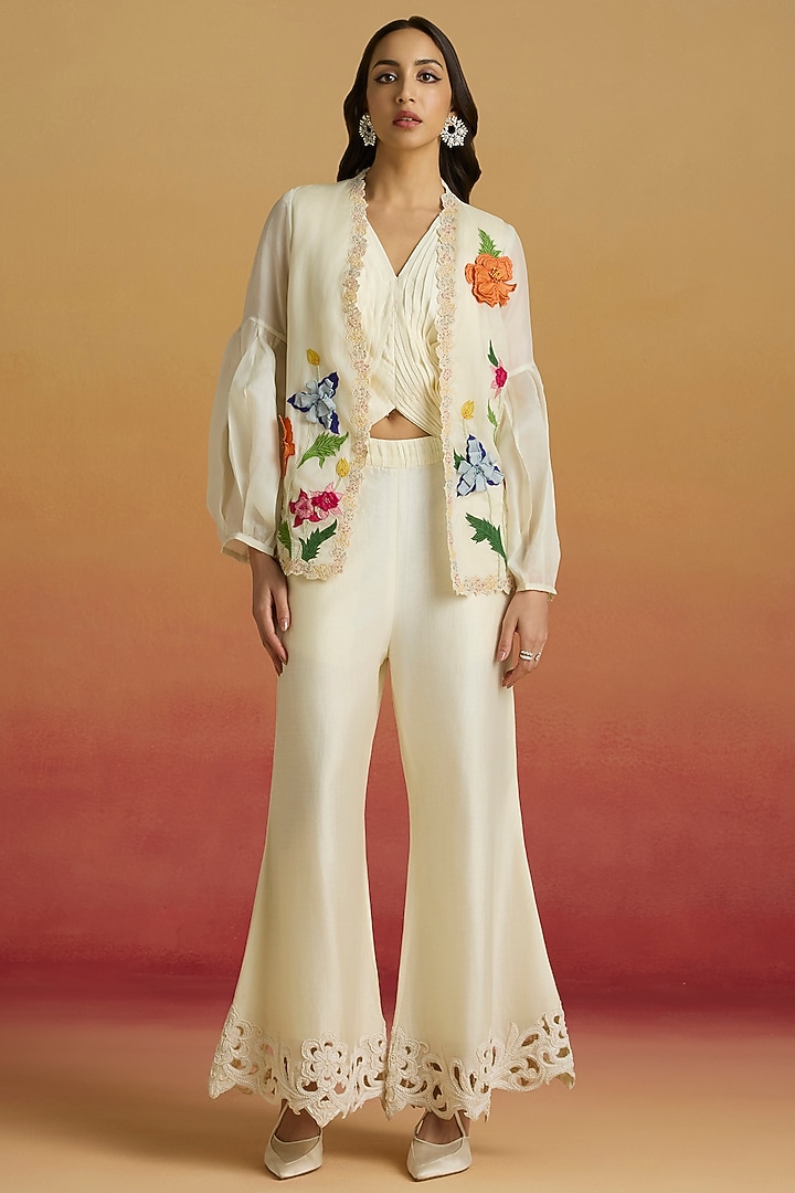 Ivory Chanderi Beadwork Bell Bottom Pants by Chandrima at Pernia's Pop Up Shop