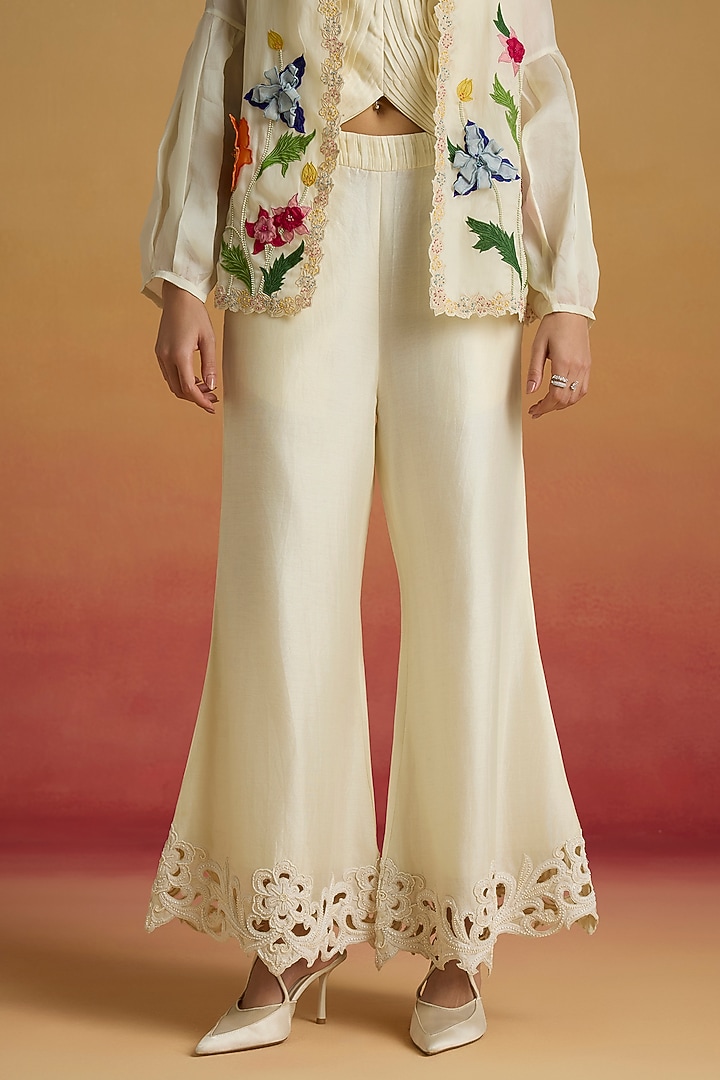 Ivory Chanderi Beadwork Bell Bottom Pants by Chandrima at Pernia's Pop Up Shop