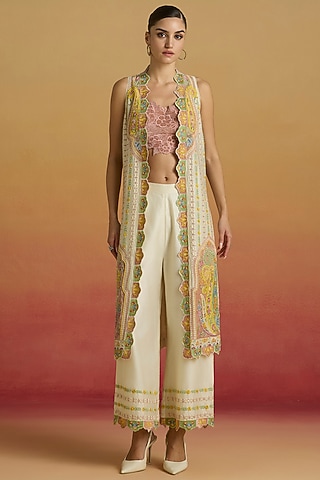 Ivory Chanderi Applique Work Long Jacket by Chandrima