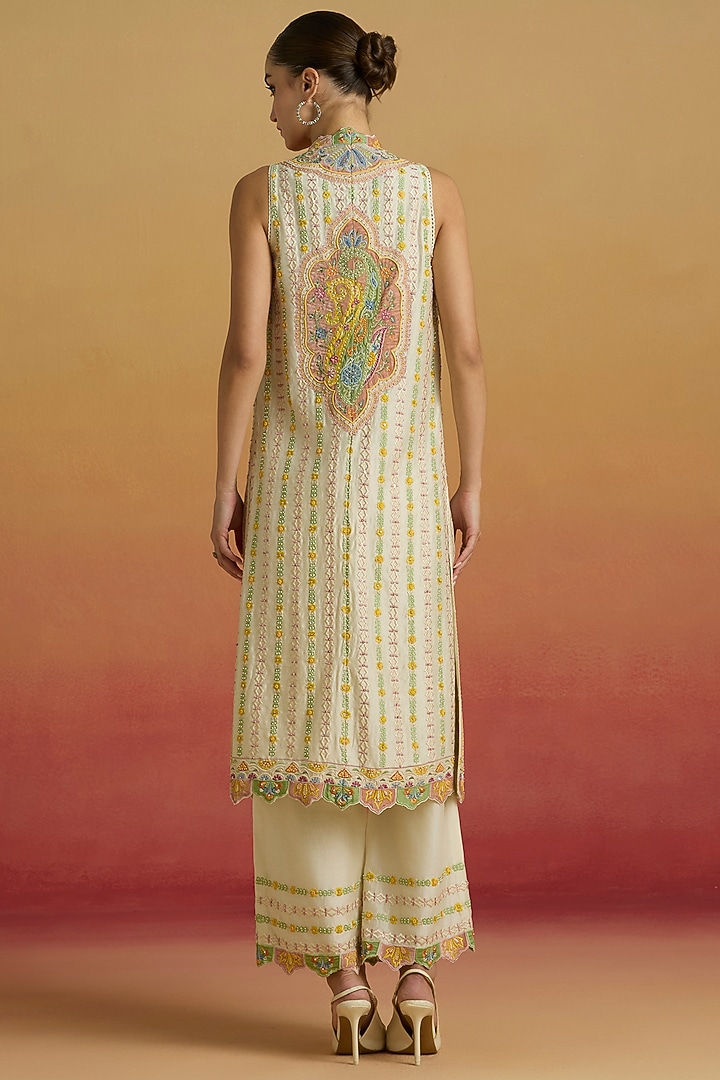 Ivory Chanderi Applique Work Long Jacket by Chandrima at Pernia's Pop Up Shop