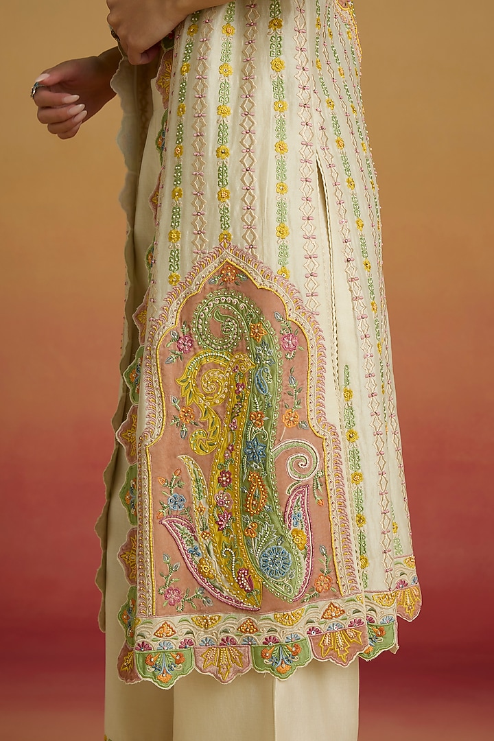 Ivory Chanderi Applique Work Long Jacket by Chandrima at Pernia's Pop Up Shop