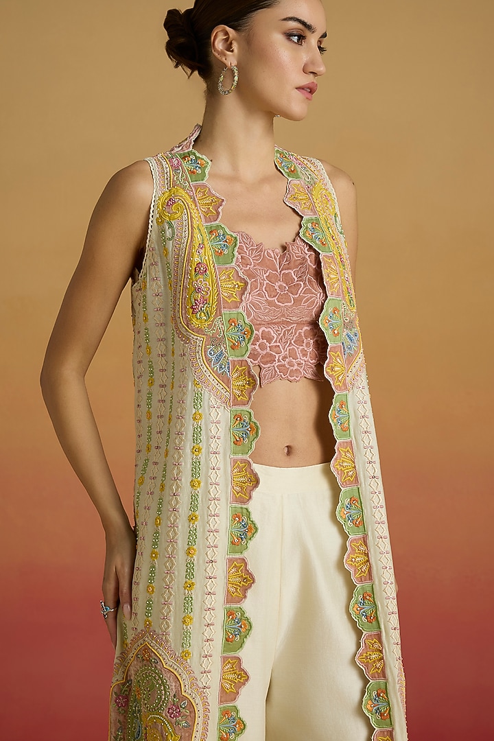 Ivory Chanderi Applique Work Long Jacket by Chandrima at Pernia's Pop Up Shop