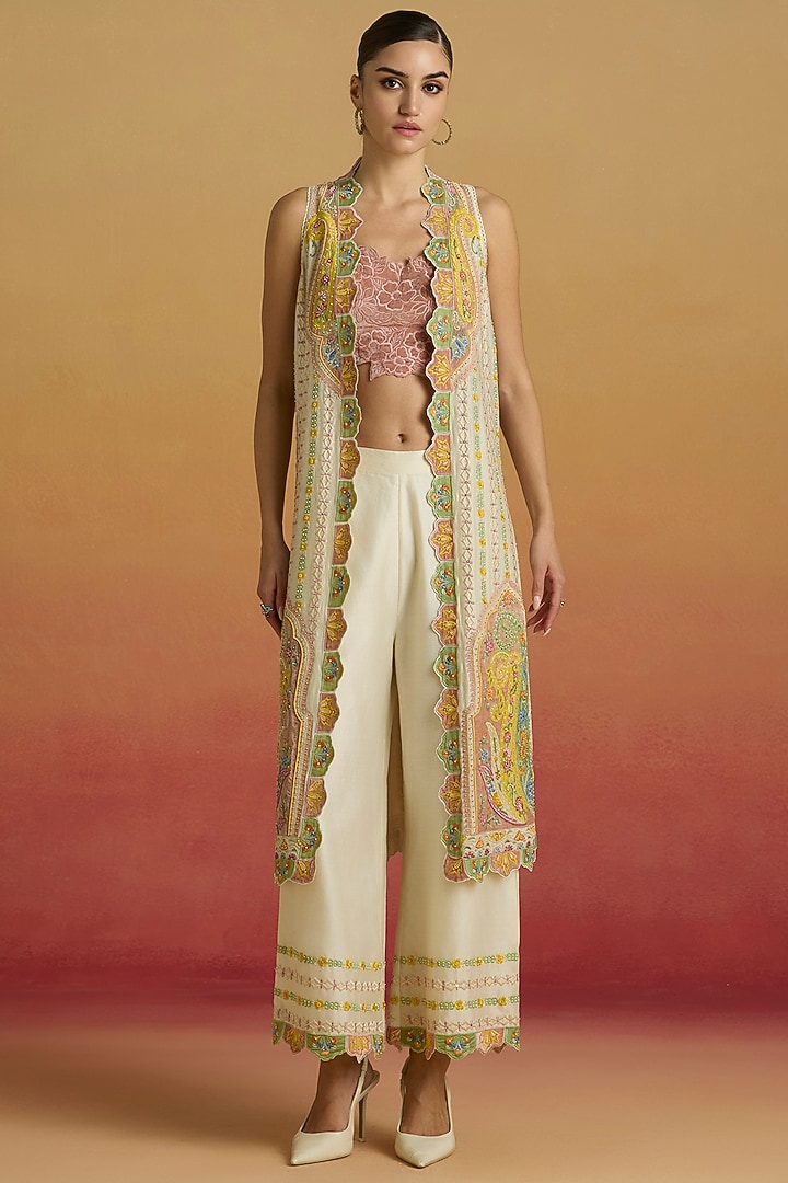 Ivory Chanderi Applique Work Pants by Chandrima at Pernia's Pop Up Shop