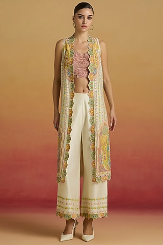 Ivory Chanderi Applique Work Pants by Chandrima
