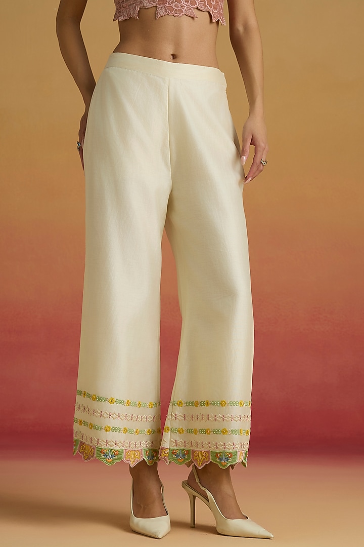 Ivory Chanderi Applique Work Pants by Chandrima at Pernia's Pop Up Shop