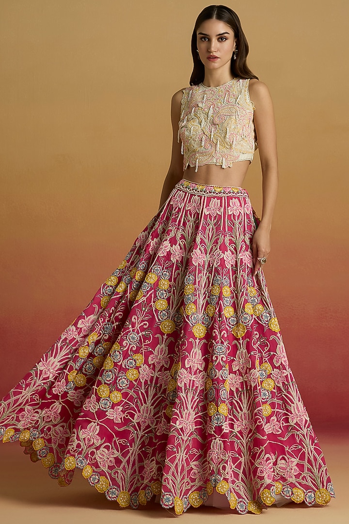 Ivory Chanderi Applique Work Crop Top by Chandrima at Pernia's Pop Up Shop