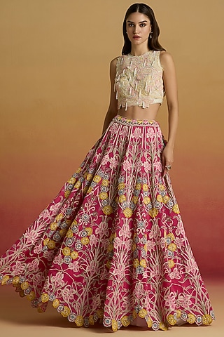 Ivory Chanderi Applique Work Crop Top by Chandrima