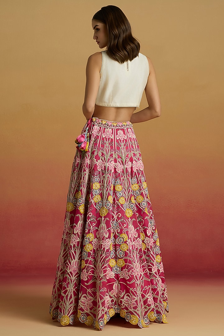 Ivory Chanderi Applique Work Crop Top by Chandrima at Pernia's Pop Up Shop