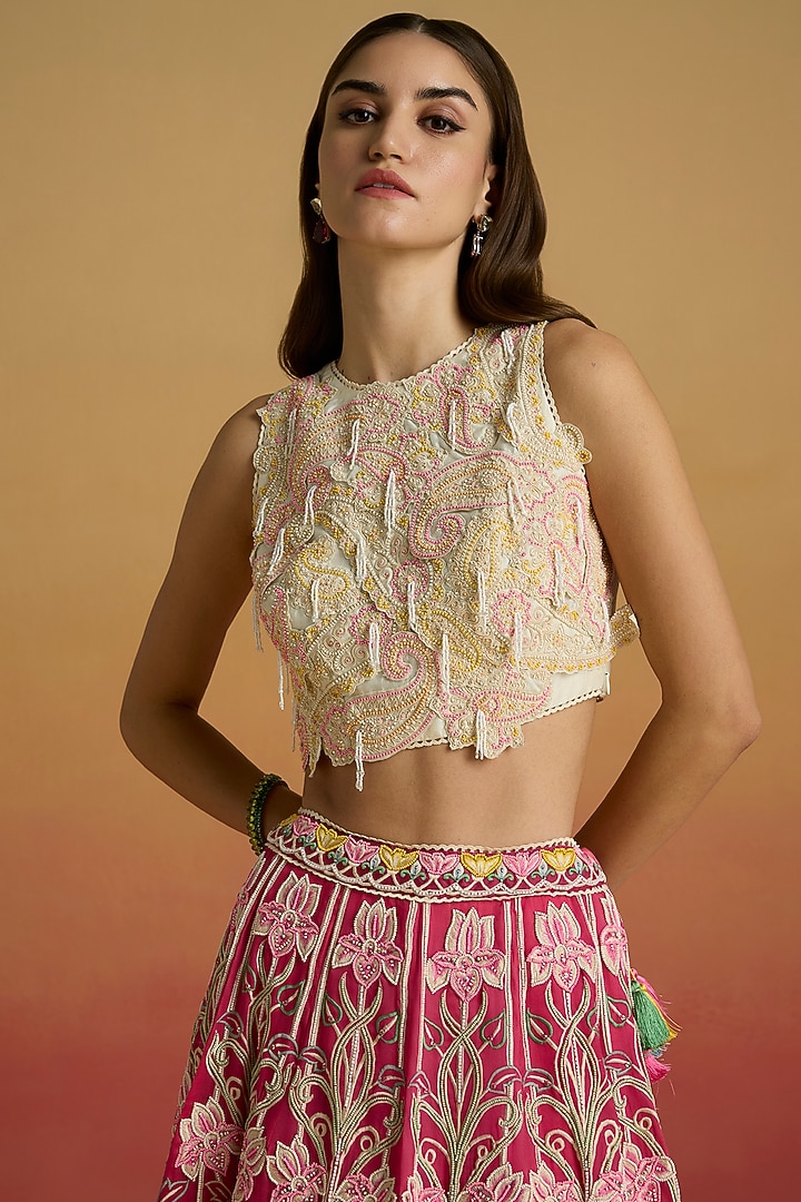Ivory Chanderi Applique Work Crop Top by Chandrima at Pernia's Pop Up Shop