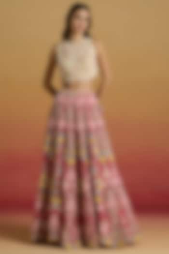 Hot Pink Silk Organza Thread Work Bridal Lehenga by Chandrima at Pernia's Pop Up Shop