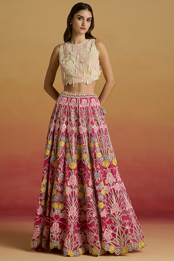 Hot Pink Silk Organza Thread Work Bridal Lehenga by Chandrima at Pernia's Pop Up Shop