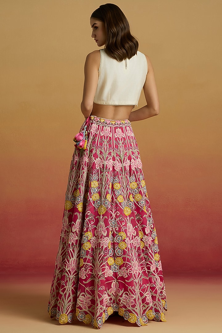 Hot Pink Silk Organza Thread Work Bridal Lehenga by Chandrima at Pernia's Pop Up Shop