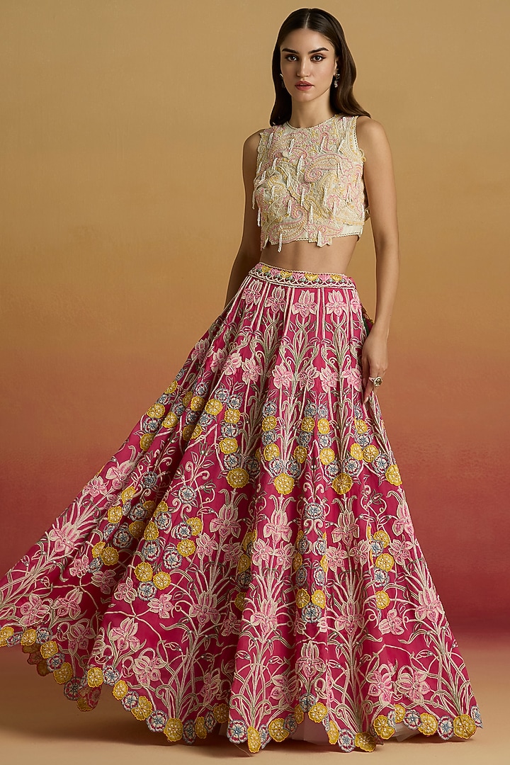 Hot Pink Silk Organza Thread Work Bridal Lehenga by Chandrima at Pernia's Pop Up Shop