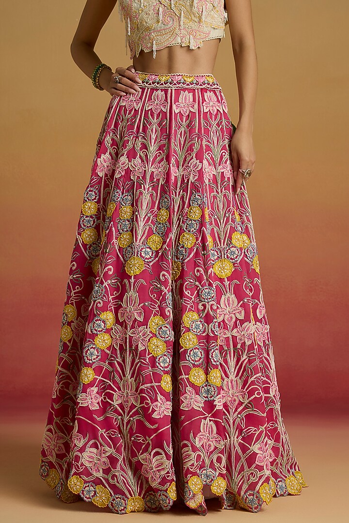 Hot Pink Silk Organza Thread Work Bridal Lehenga by Chandrima at Pernia's Pop Up Shop