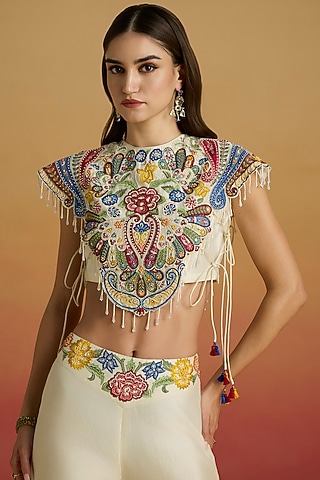 Ivory Chanderi Applique Embellished Top by Chandrima