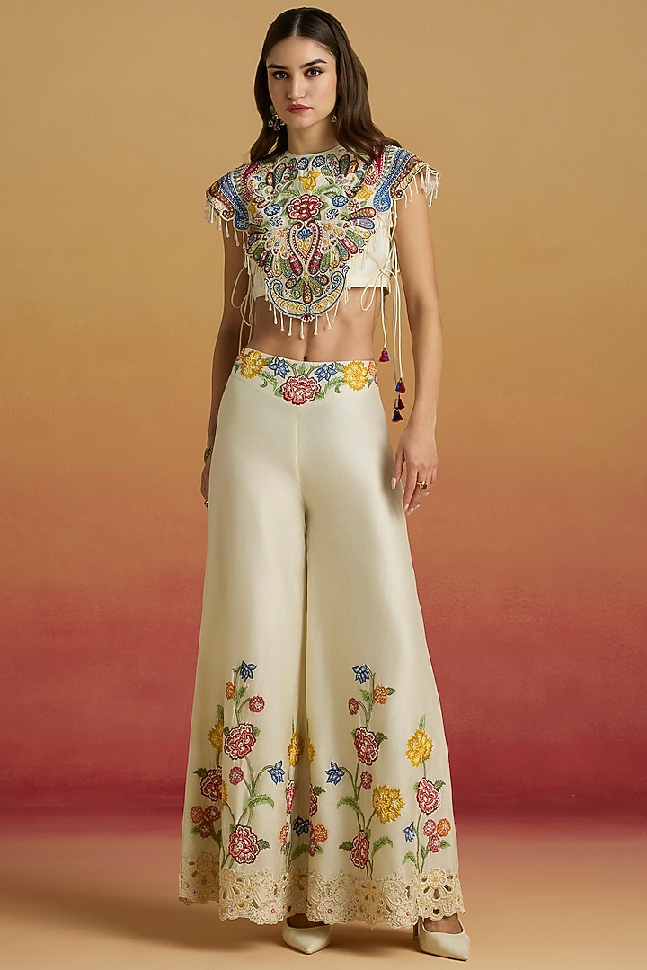 Ivory Chanderi Applique Embellished Top by Chandrima at Pernia's Pop Up Shop