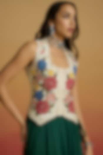 Ivory Chanderi Thread Work Waistcoat by Chandrima at Pernia's Pop Up Shop