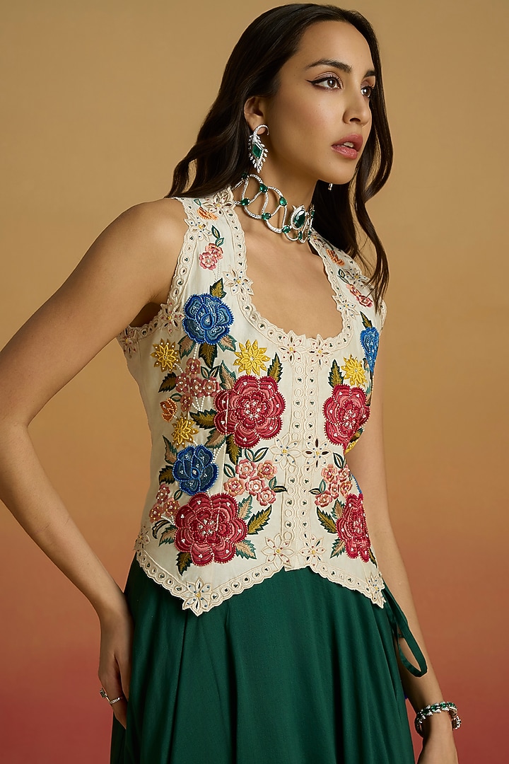 Ivory Chanderi Thread Work Waistcoat by Chandrima at Pernia's Pop Up Shop