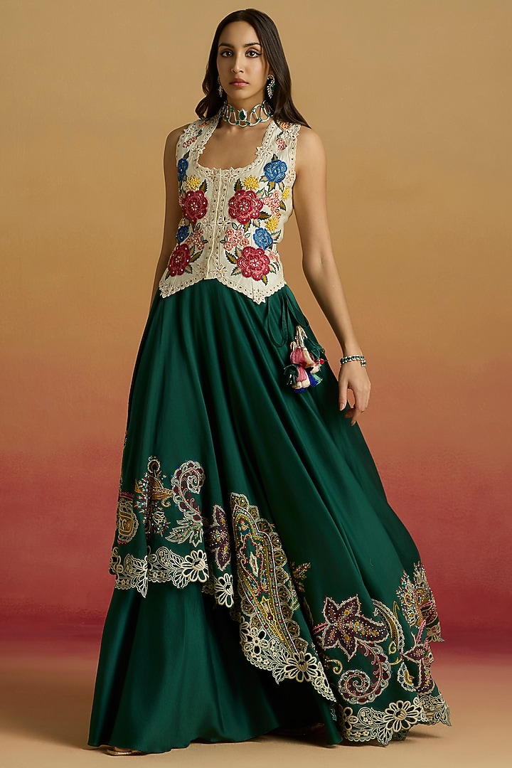 Emerald Green Chanderi Thread Work Wedding Lehenga by Chandrima at Pernia's Pop Up Shop