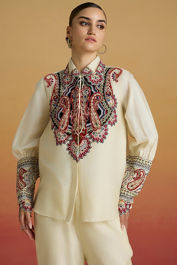 Ivory Chanderi Thread Work Shirt by Chandrima at Pernia's Pop Up Shop