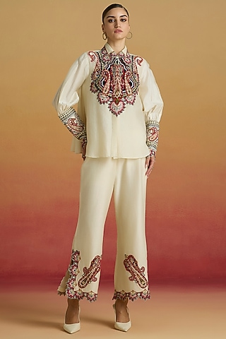 Ivory Chanderi Thread Work Slit Pants by Chandrima