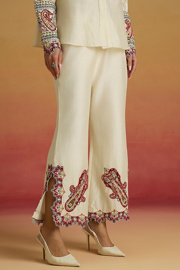 Ivory Chanderi Thread Work Slit Pants by Chandrima at Pernia's Pop Up Shop
