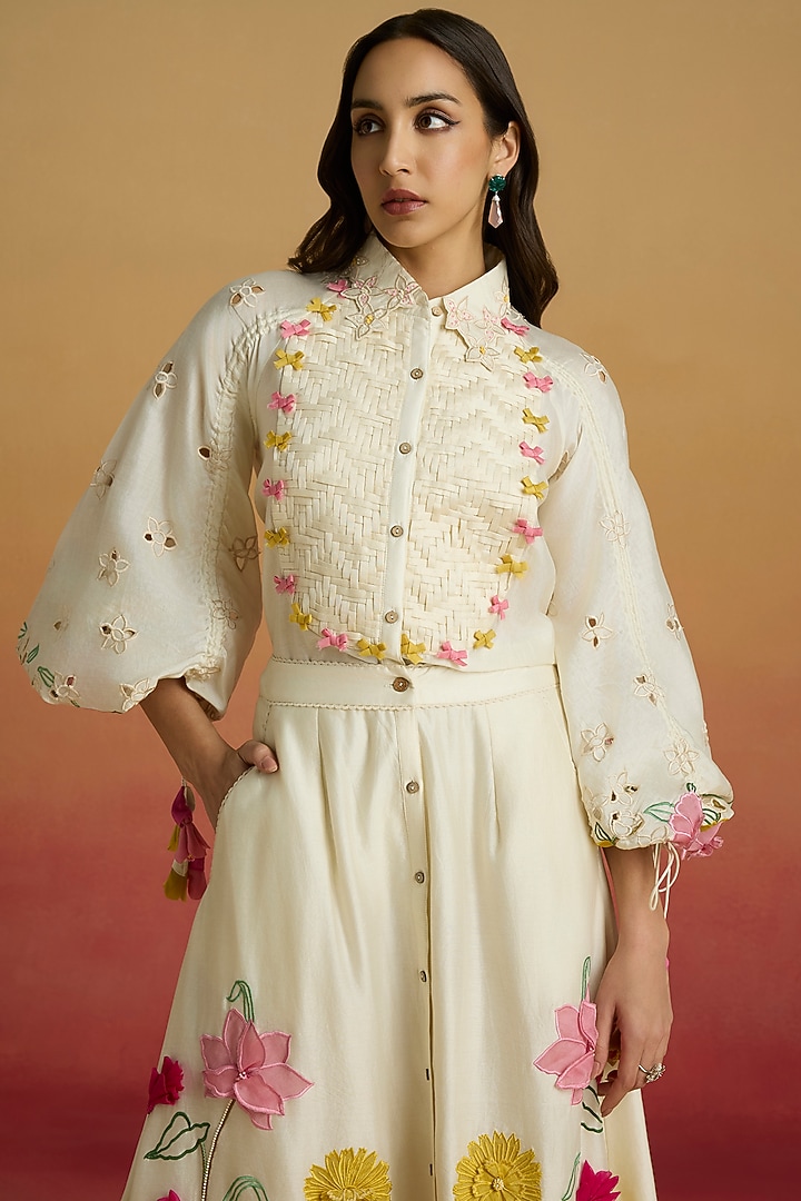 Ivory Chanderi 3D Floral Raglan Shirt by Chandrima at Pernia's Pop Up Shop