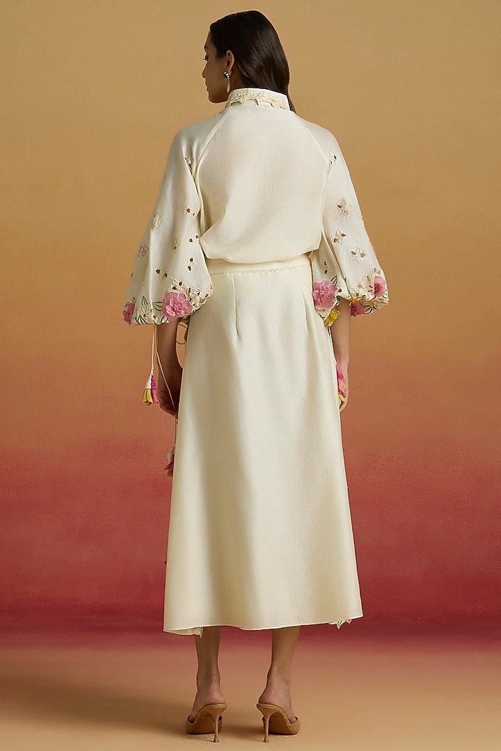 Ivory Chanderi 3D Floral Raglan Shirt by Chandrima at Pernia's Pop Up Shop
