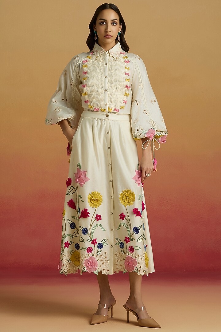 Ivory Chanderi 3D Floral Raglan Shirt by Chandrima at Pernia's Pop Up Shop