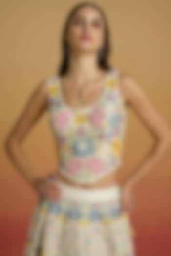 Ivory Chanderi Floral Thread Work Corset Top by Chandrima at Pernia's Pop Up Shop