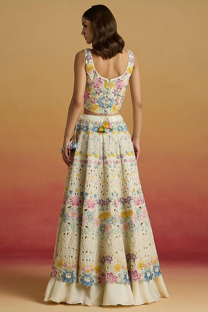 Ivory Chanderi Floral Thread Work Corset Top by Chandrima at Pernia's Pop Up Shop