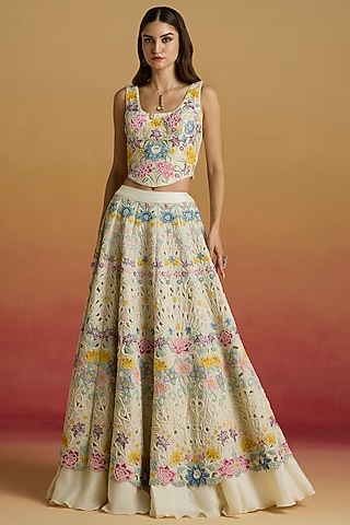 Ivory Chanderi Floral Thread Work Lehenga by Chandrima