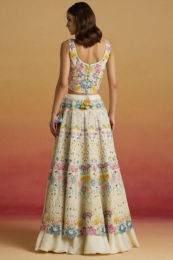 Ivory Chanderi Floral Thread Work Bridal Lehenga by Chandrima at Pernia's Pop Up Shop