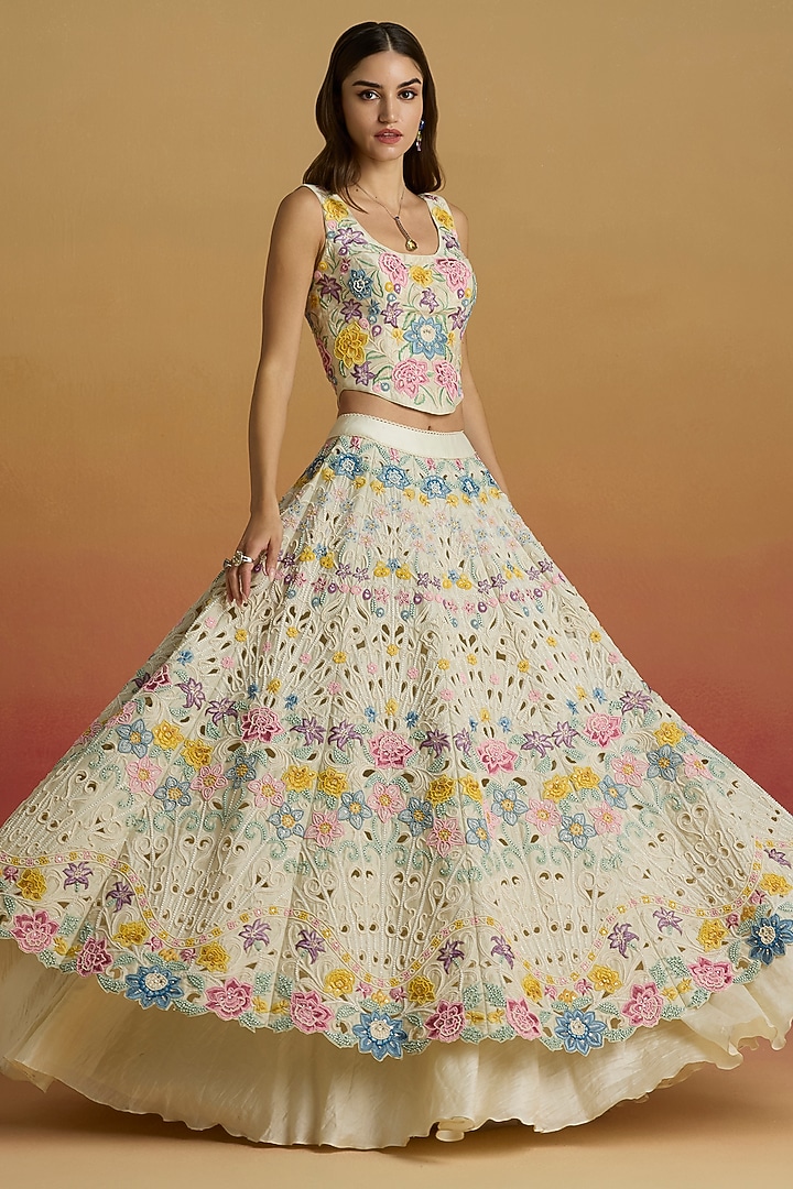 Ivory Chanderi Floral Thread Work Bridal Lehenga by Chandrima at Pernia's Pop Up Shop