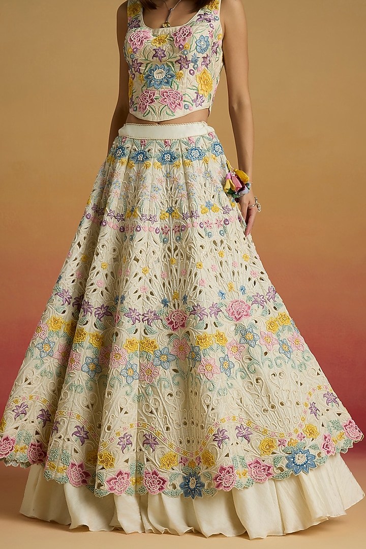 Ivory Chanderi Floral Thread Work Bridal Lehenga by Chandrima at Pernia's Pop Up Shop