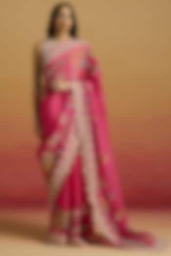 Hot Pink Silk Organza Thread Work Reception Saree by Chandrima at Pernia's Pop Up Shop
