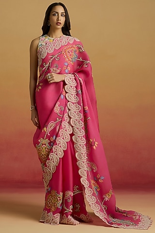 Hot Pink Silk Organza Thread Work Saree by Chandrima