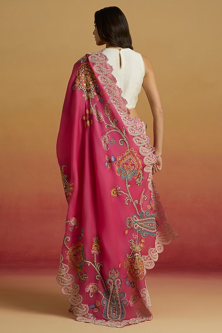 Hot Pink Silk Organza Thread Work Reception Saree by Chandrima at Pernia's Pop Up Shop