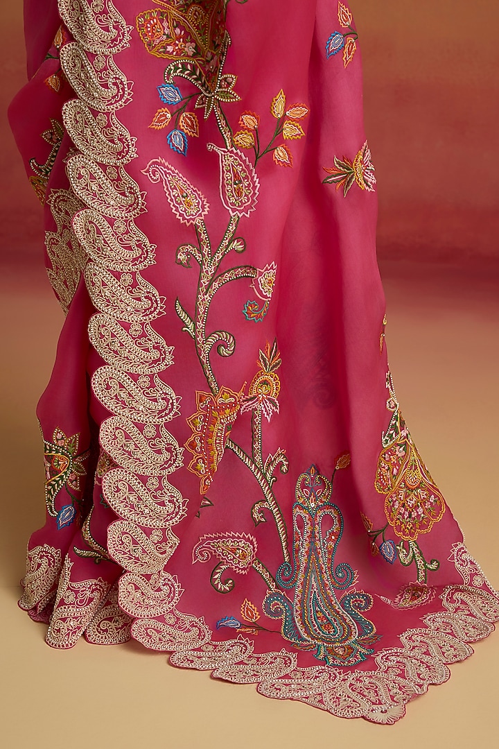 Hot Pink Silk Organza Thread Work Reception Saree by Chandrima at Pernia's Pop Up Shop