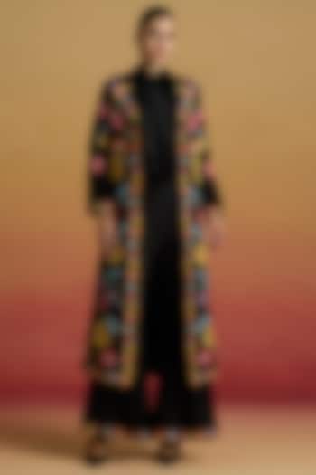 Black Chanderi Floral Thread Work Long Jacket by Chandrima at Pernia's Pop Up Shop