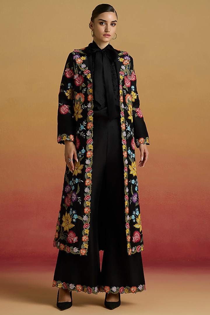Black Chanderi Floral Thread Work Long Jacket by Chandrima at Pernia's Pop Up Shop