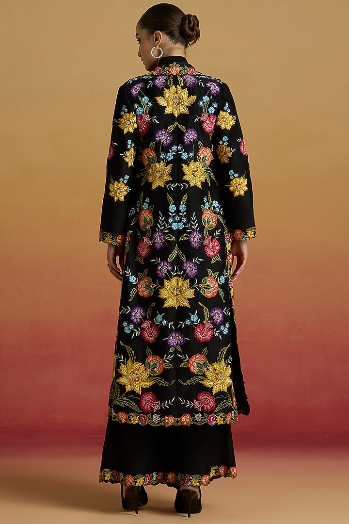 Black Chanderi Floral Thread Work Long Jacket by Chandrima at Pernia's Pop Up Shop