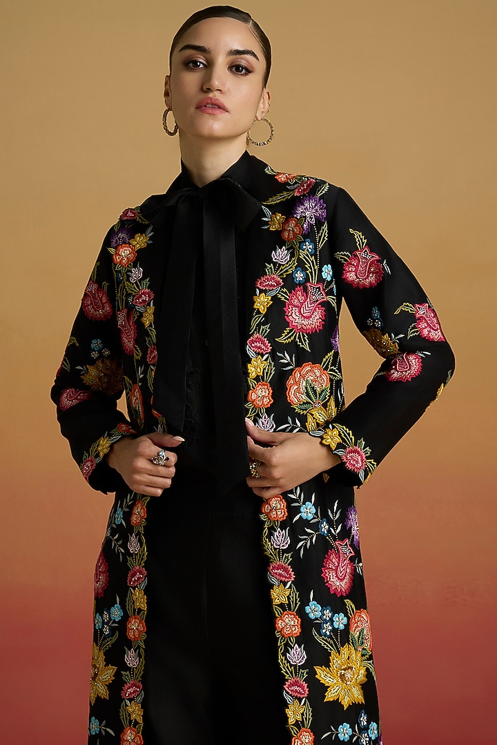 Black Chanderi Floral Thread Work Long Jacket by Chandrima at Pernia's Pop Up Shop
