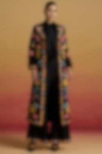 Black Chanderi Floral Thread Work Bell Bottom Pants by Chandrima at Pernia's Pop Up Shop