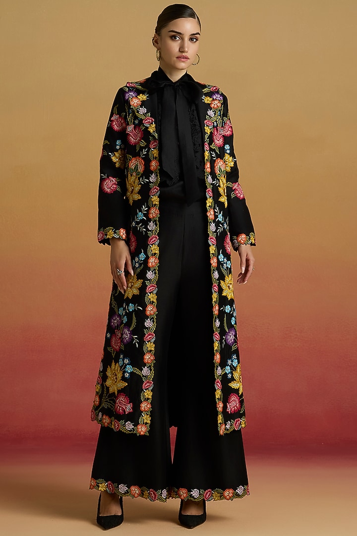 Black Chanderi Floral Thread Work Bell Bottom Pants by Chandrima at Pernia's Pop Up Shop